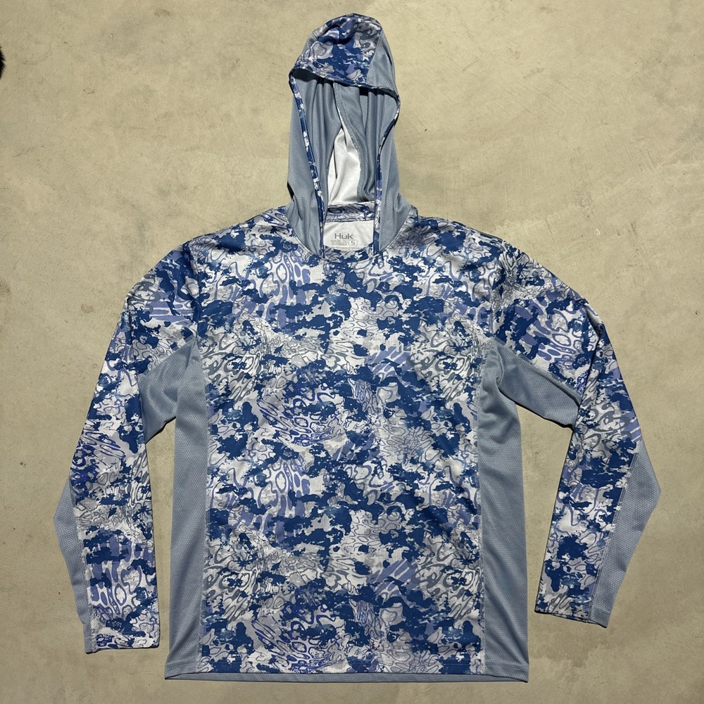 Huk Hoodie Men's SZ Small Blue Camo Fishing Pullover Long Sleeve Lightweight